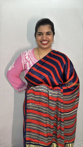 Vriksham Red With Blue Striped Print Ajrakh Modal Silk Saree-VS4664